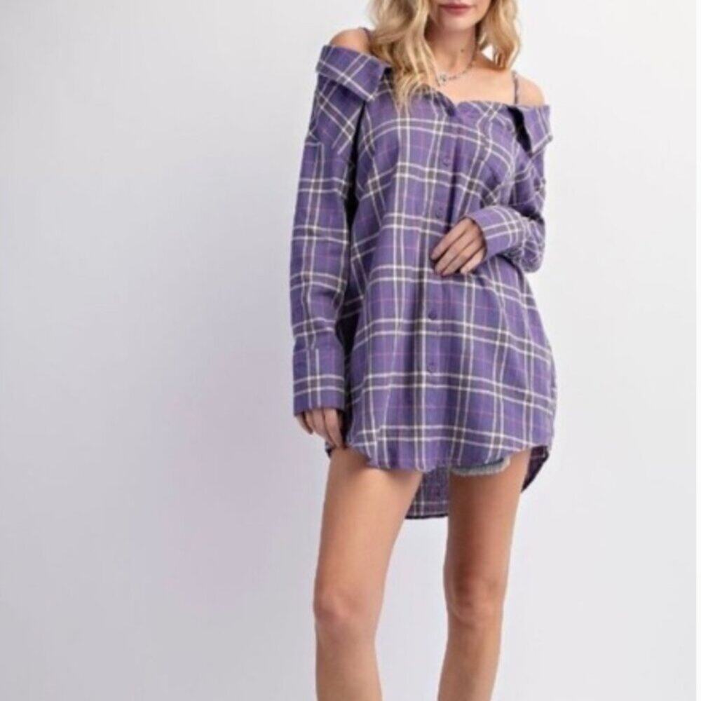 Easel button down cold shoulder plaid long sleeve top purple blue white Sm NWT